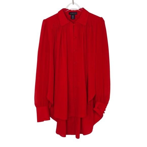 Amaryllis Red Long Sleeve Button Down Blouse Flowy Top Small Medium - Picture 1 of 6